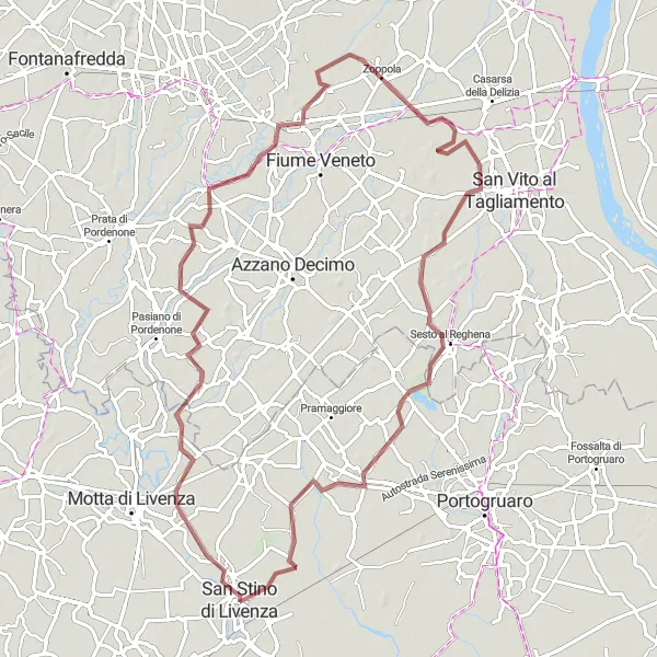 Map miniature of "Enchanting Gravel Trails to Zoppola" cycling inspiration in Veneto, Italy. Generated by Tarmacs.app cycling route planner