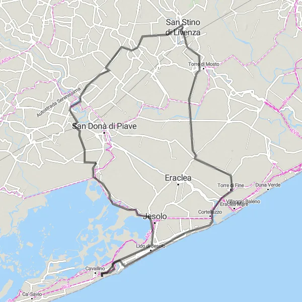 Map miniature of "San Stino di Livenza to Jesolo and Cavallino and back" cycling inspiration in Veneto, Italy. Generated by Tarmacs.app cycling route planner