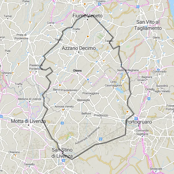 Map miniature of "San Stino di Livenza Loop" cycling inspiration in Veneto, Italy. Generated by Tarmacs.app cycling route planner