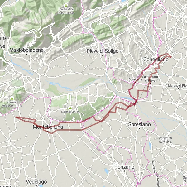 Miniaturní mapa "Trasa Conegliano - Nervesa della Battaglia - Volpago del Montello - Caerano di San Marco - Selva del Montello - Santa Lucia di Piave - San Vendemiano" inspirace pro cyklisty v oblasti Veneto, Italy. Vytvořeno pomocí plánovače tras Tarmacs.app