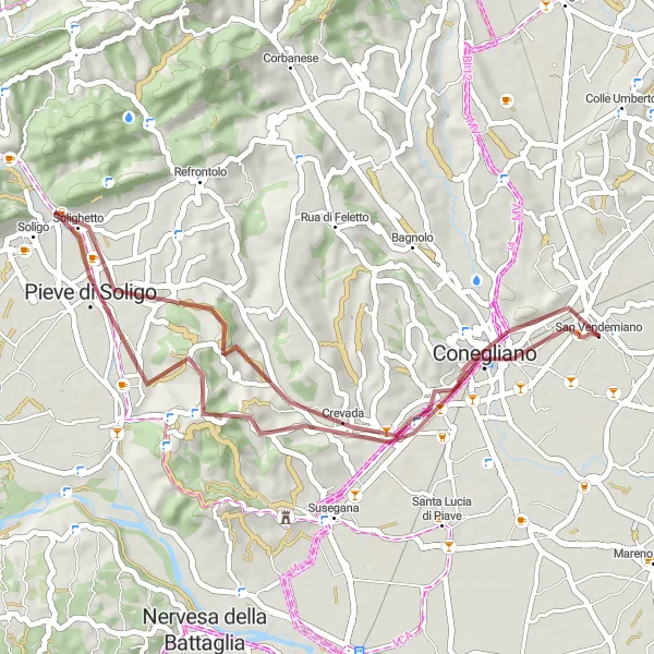 Mapa miniatúra "Short Gravel Loop to Conegliano" cyklistická inšpirácia v Veneto, Italy. Vygenerované cyklistickým plánovačom trás Tarmacs.app