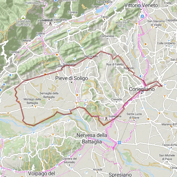 Miniatura della mappa di ispirazione al ciclismo "Giro tra le Colline del Prosecco" nella regione di Veneto, Italy. Generata da Tarmacs.app, pianificatore di rotte ciclistiche