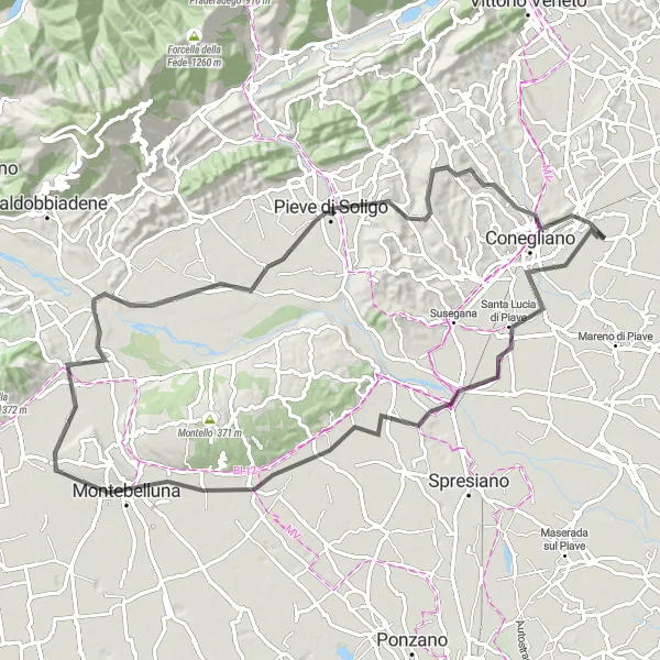Map miniature of "Rolling Montello Loop" cycling inspiration in Veneto, Italy. Generated by Tarmacs.app cycling route planner