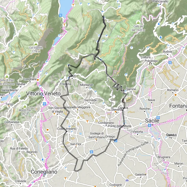 Map miniature of "Mountainous Fregona Adventure" cycling inspiration in Veneto, Italy. Generated by Tarmacs.app cycling route planner
