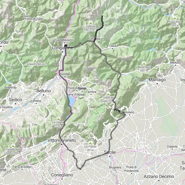 Miniaturní mapa "Cyklotrasa San Vendemiano - Piancavallo" inspirace pro cyklisty v oblasti Veneto, Italy. Vytvořeno pomocí plánovače tras Tarmacs.app