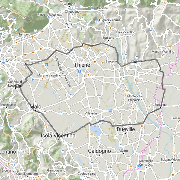 Kartminiatyr av "Zanè til San Vito di Leguzzano Loop" sykkelinspirasjon i Veneto, Italy. Generert av Tarmacs.app sykkelrutoplanlegger