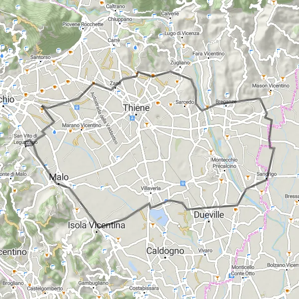 Miniatura della mappa di ispirazione al ciclismo "Giro in bicicletta da San Vito di Leguzzano attraverso Zanè, Sarcedo, Sandrigo e Isola Vicentina" nella regione di Veneto, Italy. Generata da Tarmacs.app, pianificatore di rotte ciclistiche