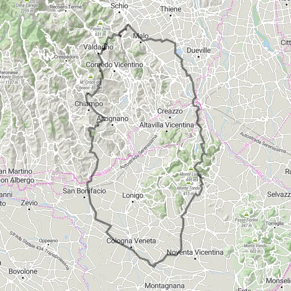 Kartminiatyr av "Landeveissykling til San Vito di Leguzzano" sykkelinspirasjon i Veneto, Italy. Generert av Tarmacs.app sykkelrutoplanlegger