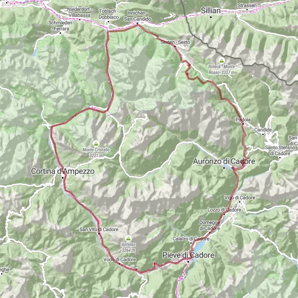 Map miniature of "Off-road Adventure: Gravel in the Dolomites" cycling inspiration in Veneto, Italy. Generated by Tarmacs.app cycling route planner