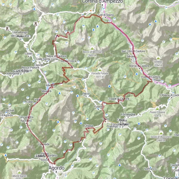 Miniature de la carte de l'inspiration cycliste "Tour des Cols Dolomitiques en Gravel" dans la Veneto, Italy. Générée par le planificateur d'itinéraire cycliste Tarmacs.app