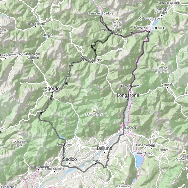 Map miniature of "Cadore Grand Tour" cycling inspiration in Veneto, Italy. Generated by Tarmacs.app cycling route planner