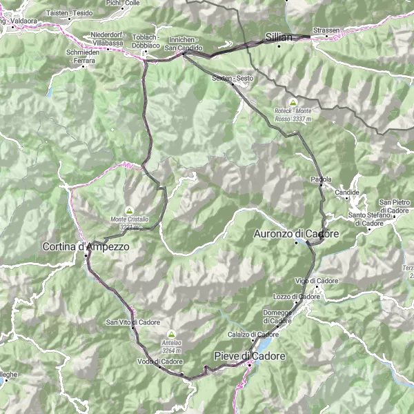 Map miniature of "Hills and Valleys of Cadore" cycling inspiration in Veneto, Italy. Generated by Tarmacs.app cycling route planner