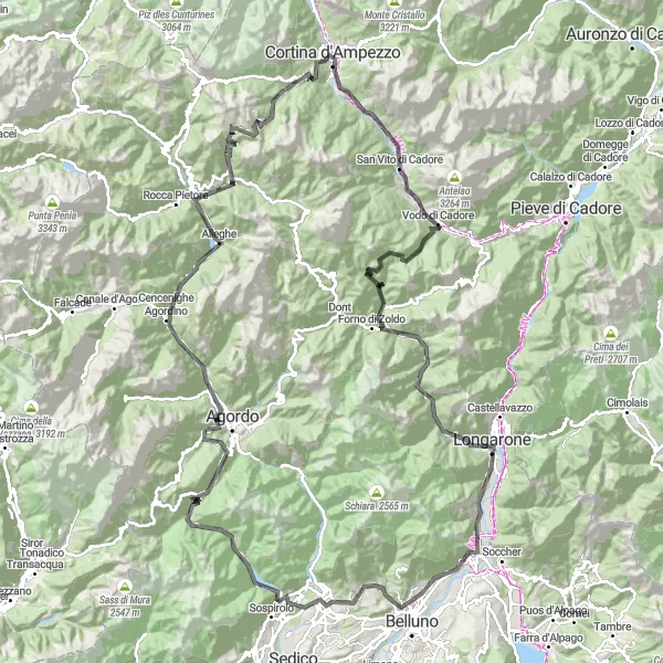 Map miniature of "The Dolomites Grand Tour" cycling inspiration in Veneto, Italy. Generated by Tarmacs.app cycling route planner