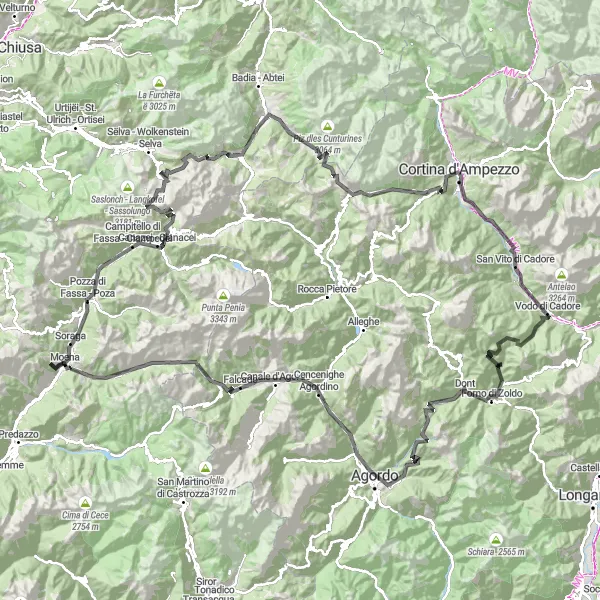 Zemljevid v pomanjšavi "San Vito di Cadore - Cortina d'Ampezzo loop" kolesarske inspiracije v Veneto, Italy. Generirano z načrtovalcem kolesarskih poti Tarmacs.app