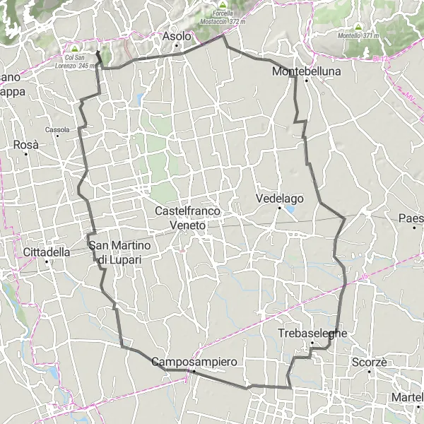 Mapa miniatúra "Okruh cez Collalto a Galliera Veneta" cyklistická inšpirácia v Veneto, Italy. Vygenerované cyklistickým plánovačom trás Tarmacs.app