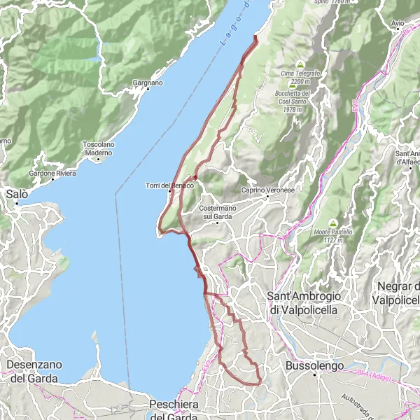 Map miniature of "The Majestic Hills of Lake Garda" cycling inspiration in Veneto, Italy. Generated by Tarmacs.app cycling route planner