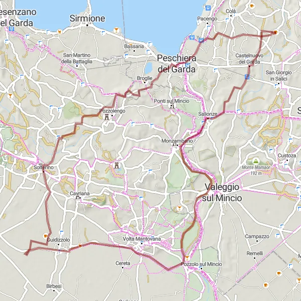 Miniatura della mappa di ispirazione al ciclismo "Avventura in Gravel da Sandrà a Peschiera del Garda" nella regione di Veneto, Italy. Generata da Tarmacs.app, pianificatore di rotte ciclistiche