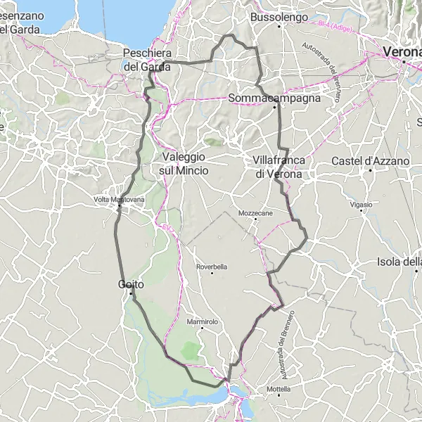 Miniatura della mappa di ispirazione al ciclismo "Giro per Sommacampagna e Laghi di Mantova" nella regione di Veneto, Italy. Generata da Tarmacs.app, pianificatore di rotte ciclistiche