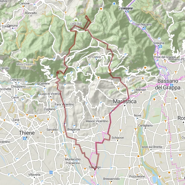 Miniatua del mapa de inspiración ciclista "Ruta de ciclismo de grava desafiante desde Sandrigo a Sandrigo" en Veneto, Italy. Generado por Tarmacs.app planificador de rutas ciclistas