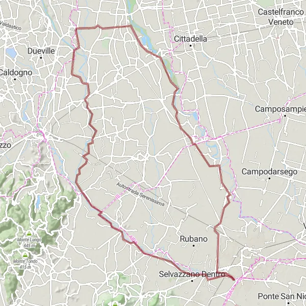 Miniatua del mapa de inspiración ciclista "Ruta de ciclismo de grava desde Sandrigo a Torri di Quartesolo" en Veneto, Italy. Generado por Tarmacs.app planificador de rutas ciclistas