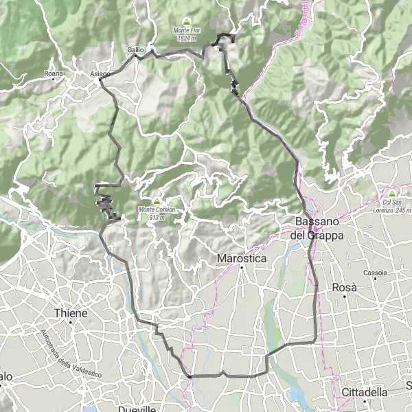 Mapa miniatúra "Cyklotrasa cez horské vrcholy a údolia" cyklistická inšpirácia v Veneto, Italy. Vygenerované cyklistickým plánovačom trás Tarmacs.app