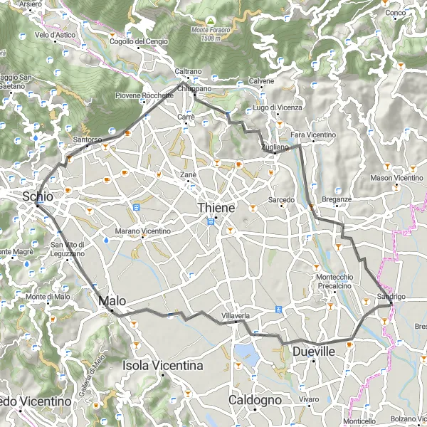 Mapa miniatúra "Road cyklotúra cez Schio a Breganze" cyklistická inšpirácia v Veneto, Italy. Vygenerované cyklistickým plánovačom trás Tarmacs.app