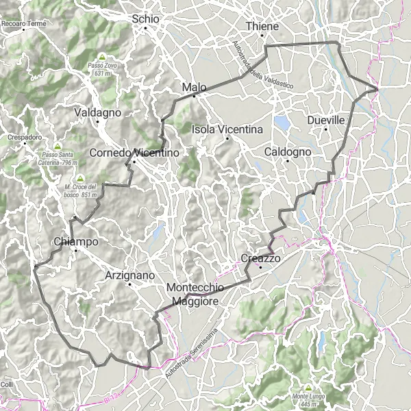 Miniatua del mapa de inspiración ciclista "Ruta de ciclismo por carretera en Sandrigo y sus alrededores" en Veneto, Italy. Generado por Tarmacs.app planificador de rutas ciclistas