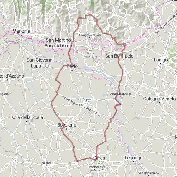 Map miniature of "Concamarise-San Pietro di Morubio Gravel Route" cycling inspiration in Veneto, Italy. Generated by Tarmacs.app cycling route planner