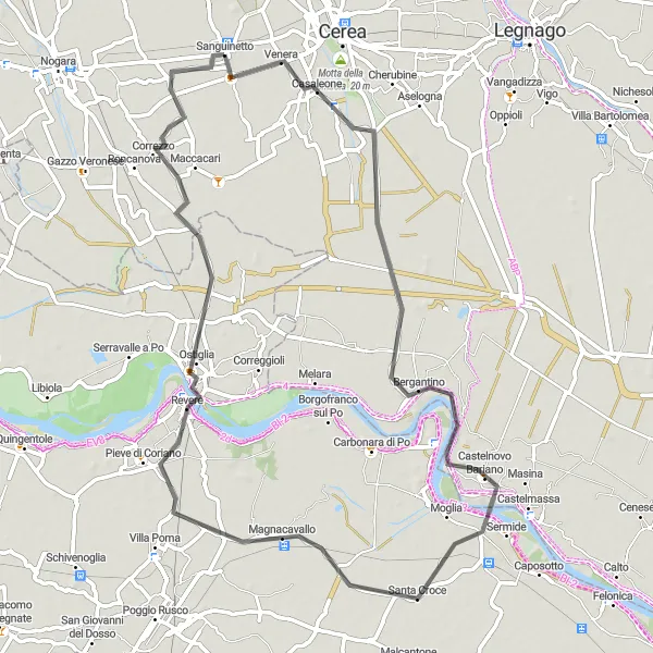 Mapa miniatúra "Jazda na bicykli v okolí Sanguinetto" cyklistická inšpirácia v Veneto, Italy. Vygenerované cyklistickým plánovačom trás Tarmacs.app