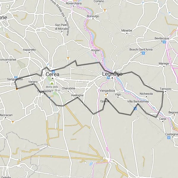 Mapa miniatúra "Cyklotúra cez Cerea a Castello Scaligero" cyklistická inšpirácia v Veneto, Italy. Vygenerované cyklistickým plánovačom trás Tarmacs.app