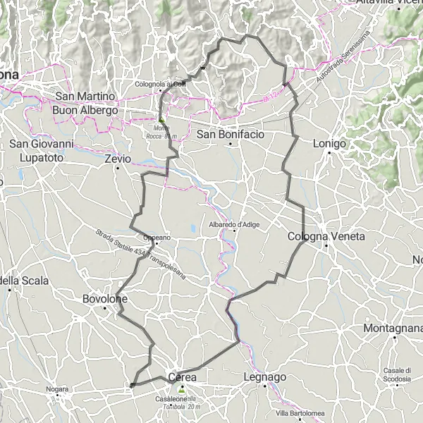 Map miniature of "Sanguinetto to Asparetto and Monte Rocca" cycling inspiration in Veneto, Italy. Generated by Tarmacs.app cycling route planner