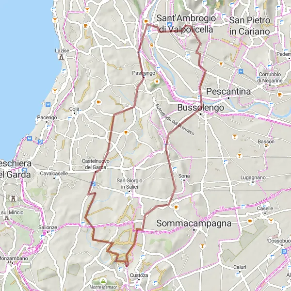 Miniaturní mapa "Scenic Gravel Tour to Castelnuovo del Garda" inspirace pro cyklisty v oblasti Veneto, Italy. Vytvořeno pomocí plánovače tras Tarmacs.app