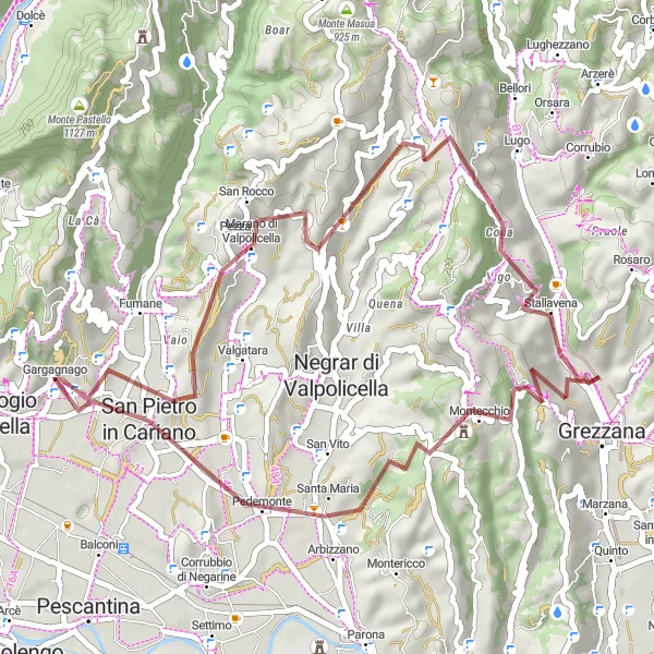 Map miniature of "Exploring Valpolicella Gravel Trails" cycling inspiration in Veneto, Italy. Generated by Tarmacs.app cycling route planner
