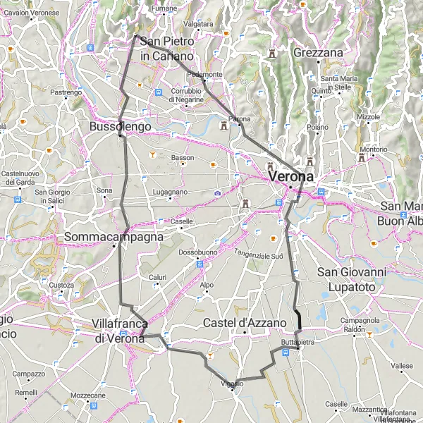 Miniatua del mapa de inspiración ciclista "Ruta en Carretera a Castel San Pietro" en Veneto, Italy. Generado por Tarmacs.app planificador de rutas ciclistas