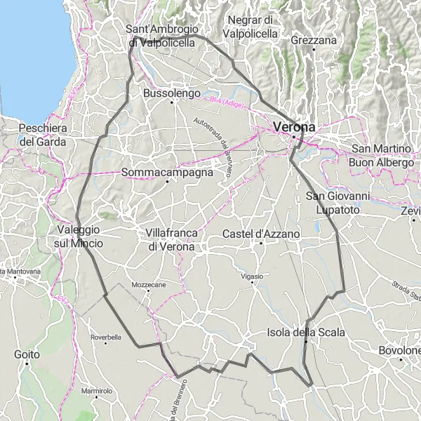 Miniatura della mappa di ispirazione al ciclismo "Giro in bici tra Castel San Pietro e Valeggio sul Mincio" nella regione di Veneto, Italy. Generata da Tarmacs.app, pianificatore di rotte ciclistiche