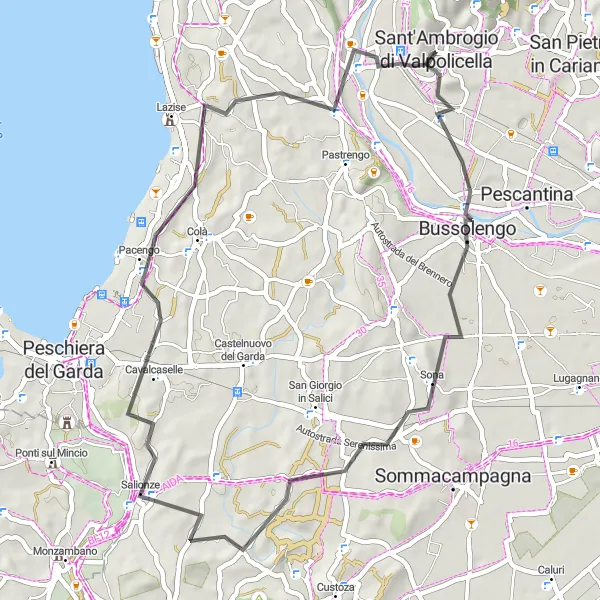 Zemljevid v pomanjšavi "Verona Vineyards Road Tour" kolesarske inspiracije v Veneto, Italy. Generirano z načrtovalcem kolesarskih poti Tarmacs.app