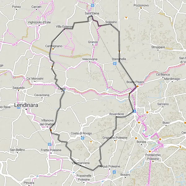 Miniatura della mappa di ispirazione al ciclismo "Giro in bici alla scoperta di Solesino e dintorni" nella regione di Veneto, Italy. Generata da Tarmacs.app, pianificatore di rotte ciclistiche