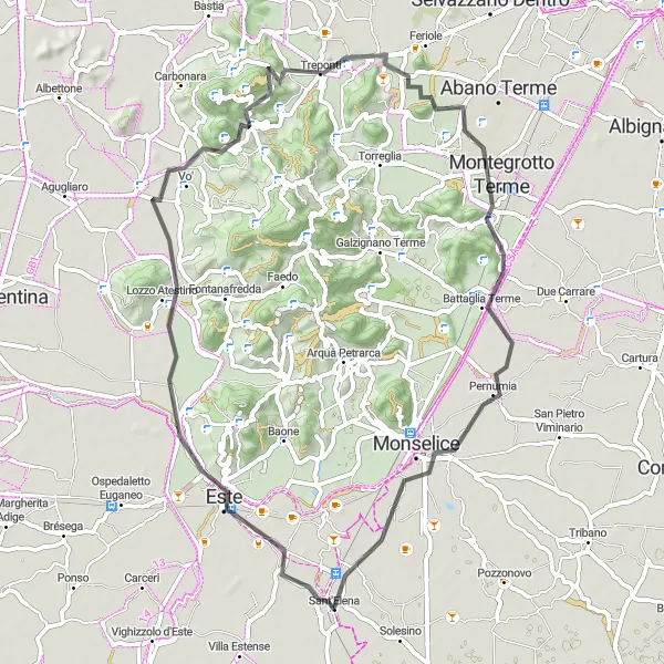 Map miniature of "Sant'Elena to Monselice and Vo'" cycling inspiration in Veneto, Italy. Generated by Tarmacs.app cycling route planner