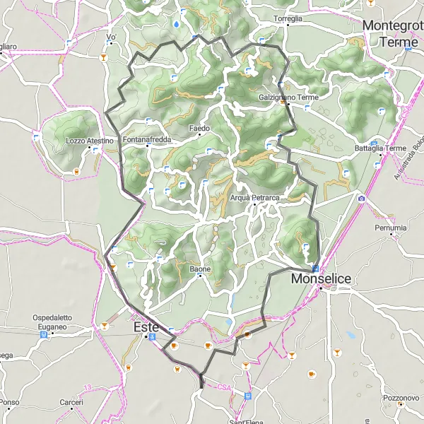 Map miniature of "Sant'Elena to Monselice and Monte Rua Loop" cycling inspiration in Veneto, Italy. Generated by Tarmacs.app cycling route planner