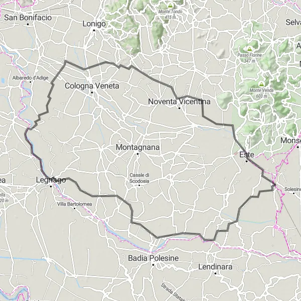 Mapa miniatúra "Od Villa Estense cez Legnago do Este" cyklistická inšpirácia v Veneto, Italy. Vygenerované cyklistickým plánovačom trás Tarmacs.app