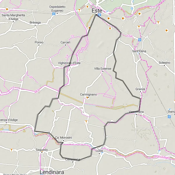Miniatura della mappa di ispirazione al ciclismo "Tour in bicicletta tra Granze ed Este" nella regione di Veneto, Italy. Generata da Tarmacs.app, pianificatore di rotte ciclistiche