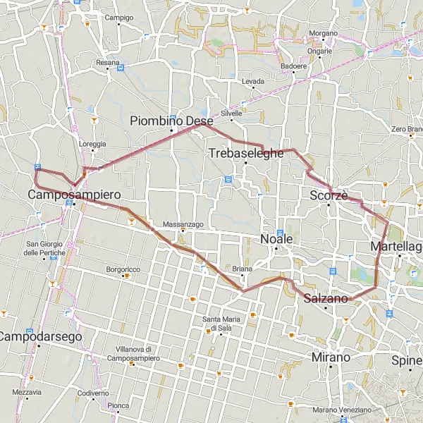 Miniature de la carte de l'inspiration cycliste "Circuit de gravier à travers la campagne vénitienne" dans la Veneto, Italy. Générée par le planificateur d'itinéraire cycliste Tarmacs.app