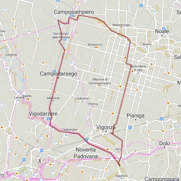 Zemljevid v pomanjšavi "Raziskovanje kolesarskih poti okoli Santa Giustina in Colle" kolesarske inspiracije v Veneto, Italy. Generirano z načrtovalcem kolesarskih poti Tarmacs.app