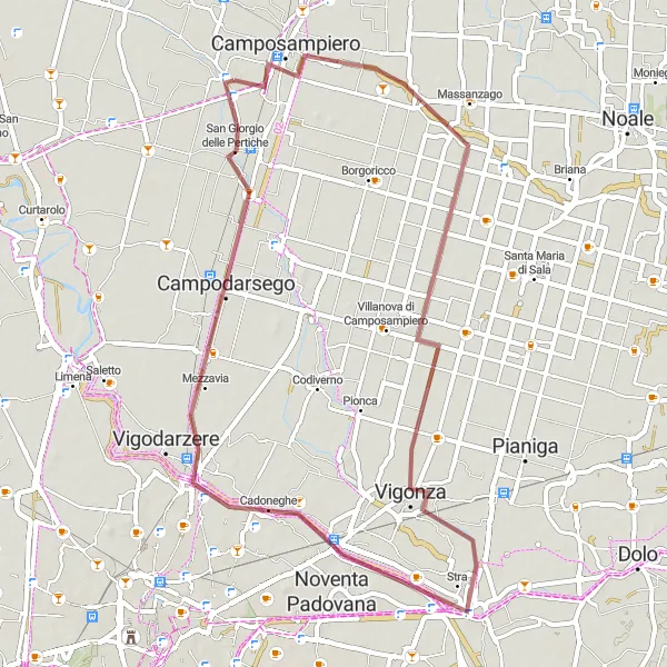Miniature de la carte de l'inspiration cycliste "Circuit au Gravel à travers Camposampiero et Vigonza" dans la Veneto, Italy. Générée par le planificateur d'itinéraire cycliste Tarmacs.app