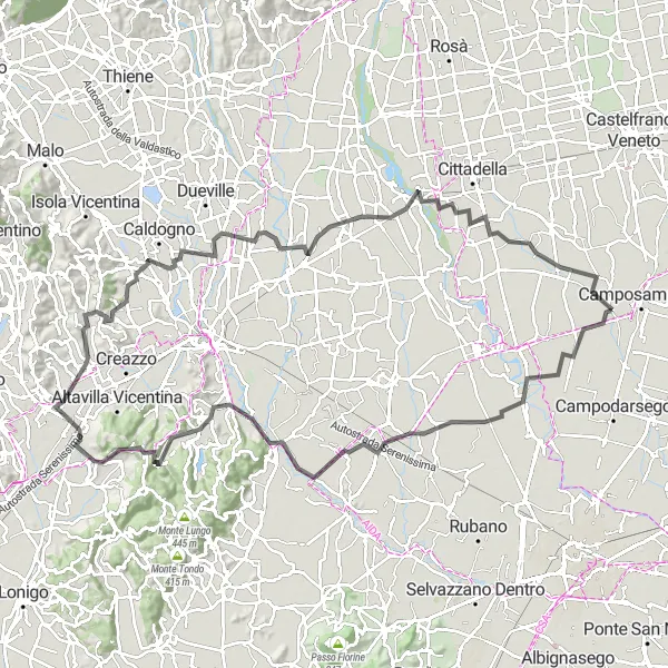 Miniature de la carte de l'inspiration cycliste "Tour de Route à travers Longare et Piombino Dese" dans la Veneto, Italy. Générée par le planificateur d'itinéraire cycliste Tarmacs.app