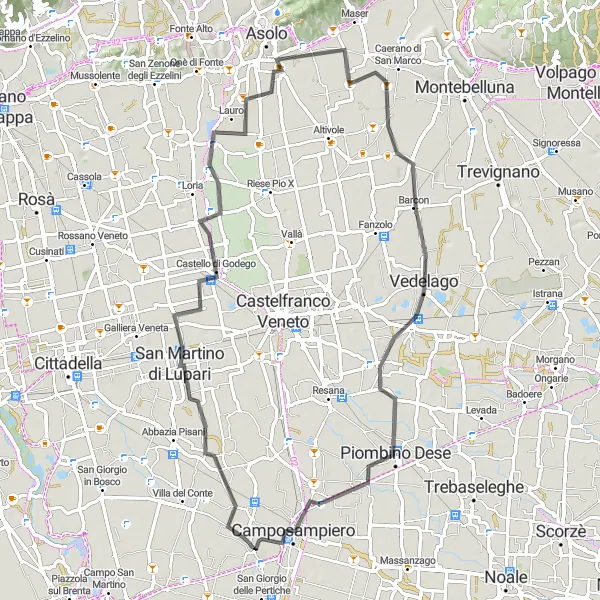 Miniatua del mapa de inspiración ciclista "Ruta en Carretera hacia Camposampiero" en Veneto, Italy. Generado por Tarmacs.app planificador de rutas ciclistas