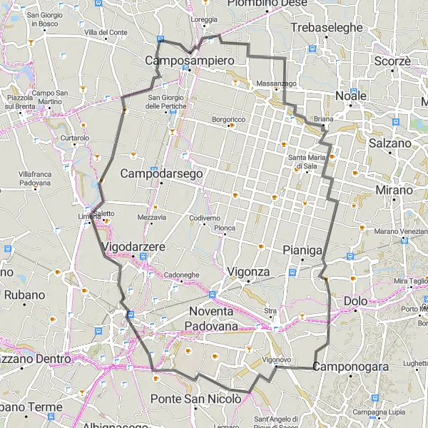 Miniatura della mappa di ispirazione al ciclismo "Road Cascina Challenge" nella regione di Veneto, Italy. Generata da Tarmacs.app, pianificatore di rotte ciclistiche