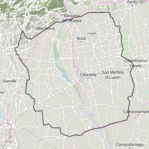 Map miniature of "The Veneto Ascent" cycling inspiration in Veneto, Italy. Generated by Tarmacs.app cycling route planner