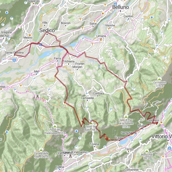 Miniatura della mappa di ispirazione al ciclismo "Ruote Gravel intorno a Santa Giustina" nella regione di Veneto, Italy. Generata da Tarmacs.app, pianificatore di rotte ciclistiche