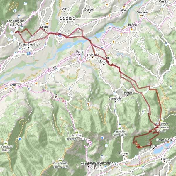 Miniaturekort af cykelinspirationen "Gruscykeltur til Monte Torresel og Lago" i Veneto, Italy. Genereret af Tarmacs.app cykelruteplanlægger